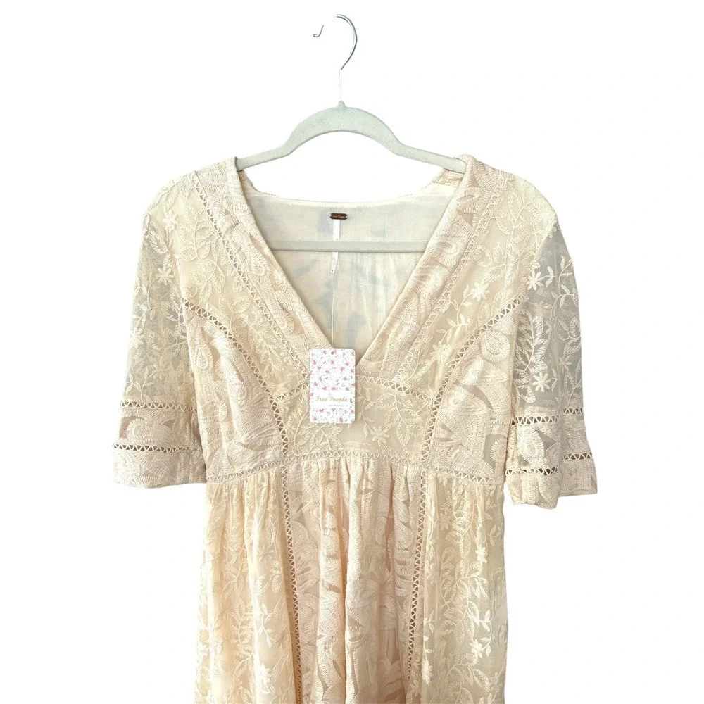 $168 Free People Mountain‎ Laurel Lace Crochet Dress Almond Beige Ivory 4 S NWT